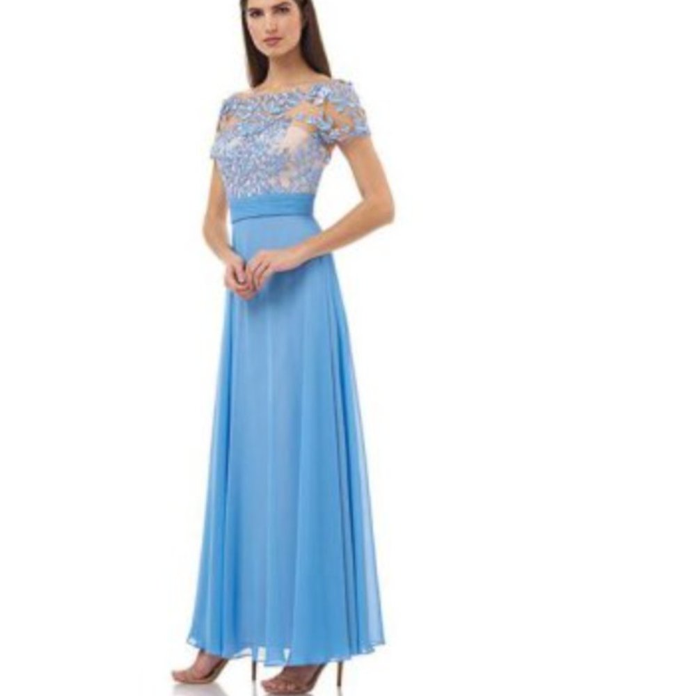 New JS Collection 3D Leaf Embroidered Chiffon Gown Size 8 Light Blue
